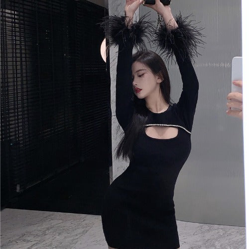 Black Party Dress With Ostrich Feather. You Will Look Stunning Women's