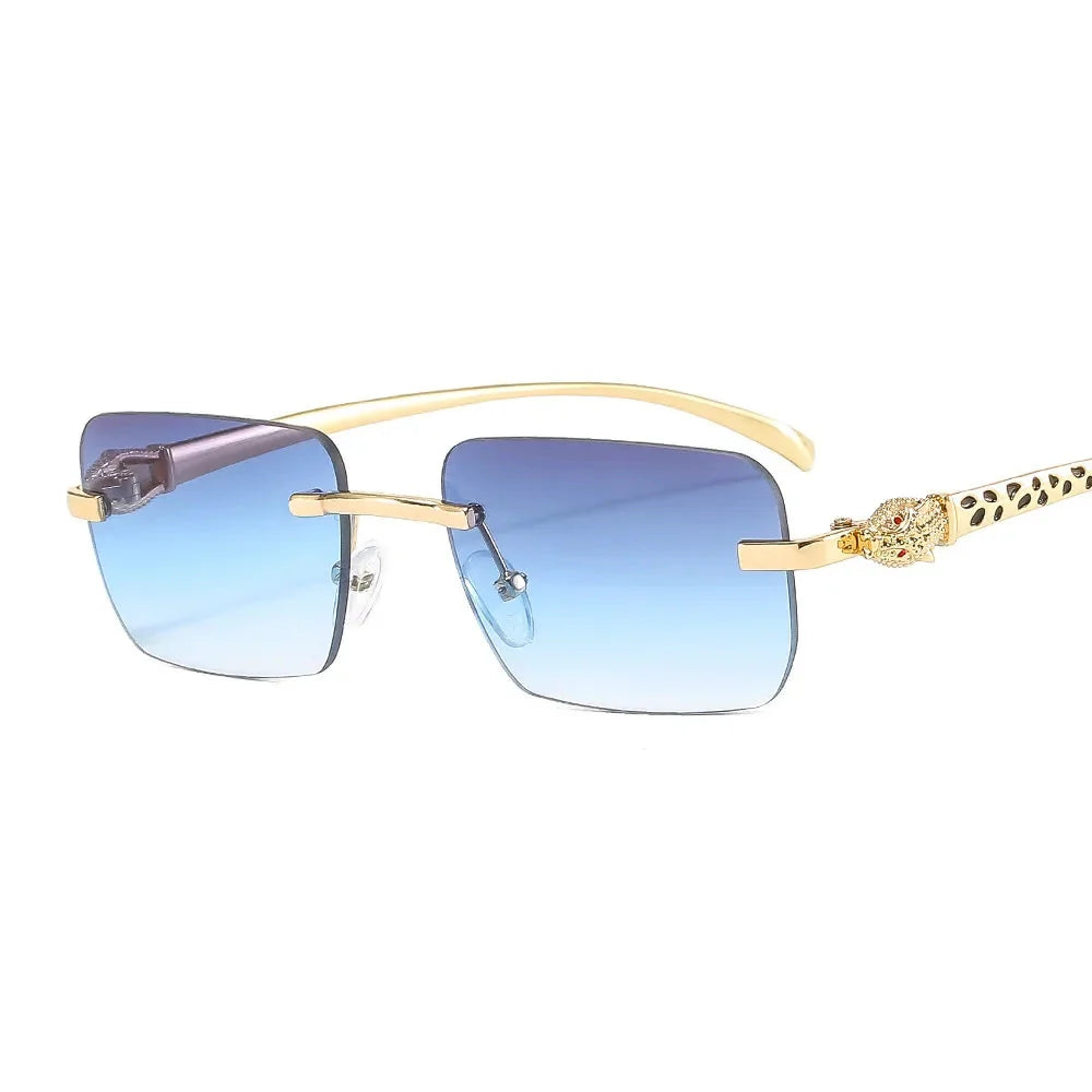 Vintage Fashion Rimless Small Square Sunglasses Women Men Luxury Brand Designer Travel Driving Metal Leopard Head Sun Glasses