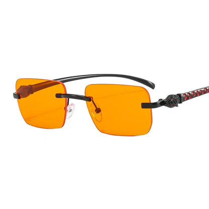 Vintage Fashion Rimless Small Square Sunglasses Women Men Luxury Brand Designer Travel Driving Metal Leopard Head Sun Glasses