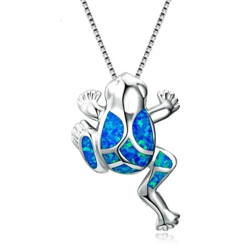 Boho Fashion Sea Animal Dolphin Pendant Necklace for Women Girl Inlay Imitation Blue Opal Necklace Wedding Party Jewelry