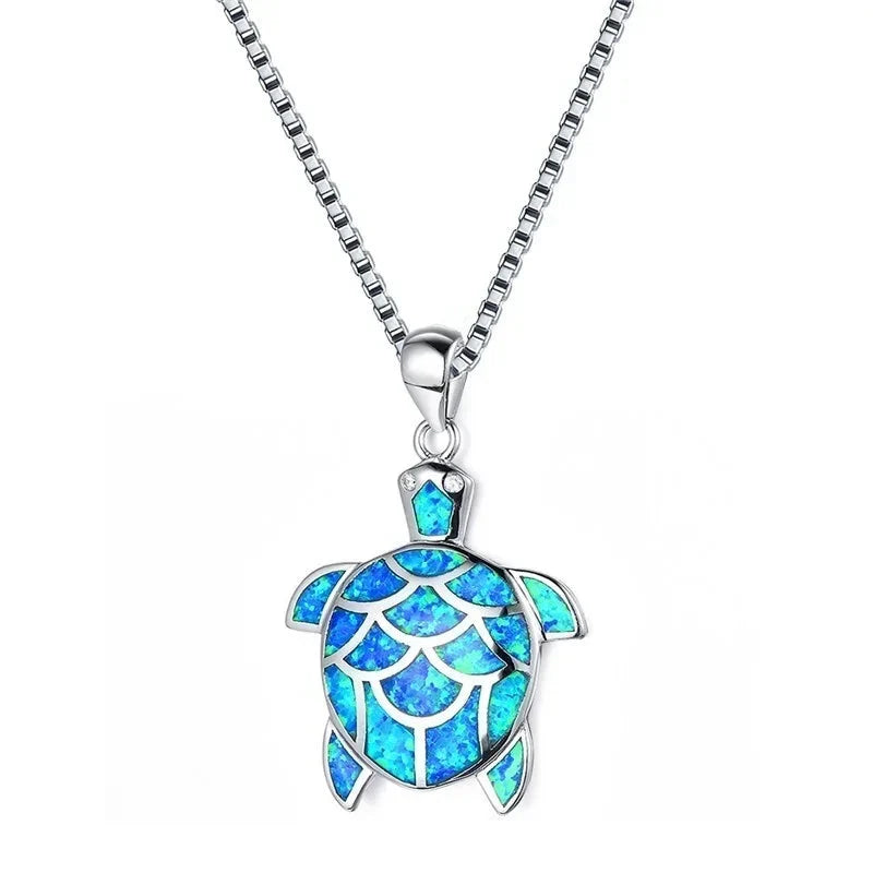 Boho Fashion Sea Animal Dolphin Pendant Necklace for Women Girl Inlay Imitation Blue Opal Necklace Wedding Party Jewelry