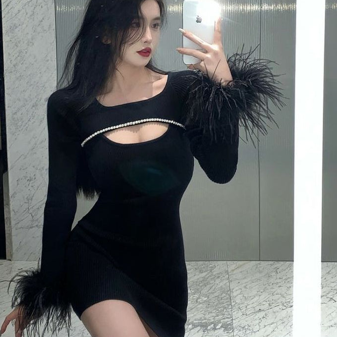 Black Party Dress With Ostrich Feather. You Will Look Stunning Women's