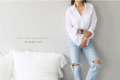 S-3XL Spring One Pocket Women White Blouse Female Shirt Tops Long Sleeve