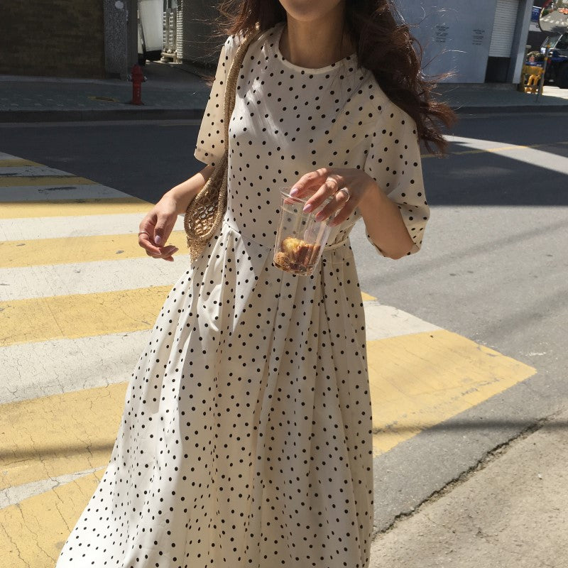 Polka Dot Slim Waist Bandage Long Dress Female Vintage Vestidos with Belt Sundress