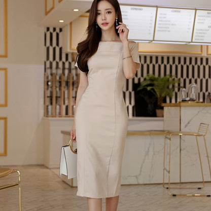 Brief Style Slash-neck Sleeveless Office Ladies Dress Elegant Midi Pencil Dresses