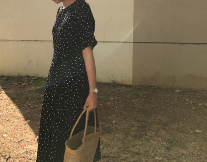 Polka Dot Slim Waist Bandage Long Dress Female Vintage Vestidos with Belt Sundress