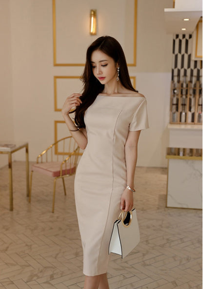 Brief Style Slash-neck Sleeveless Office Ladies Dress Elegant Midi Pencil Dresses