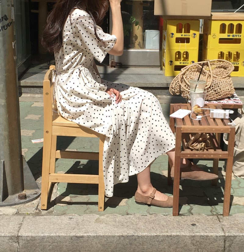 Polka Dot Slim Waist Bandage Long Dress Female Vintage Vestidos with Belt Sundress