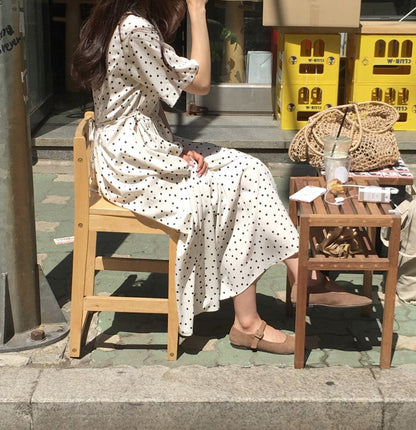 Polka Dot Slim Waist Bandage Long Dress Female Vintage Vestidos with Belt Sundress