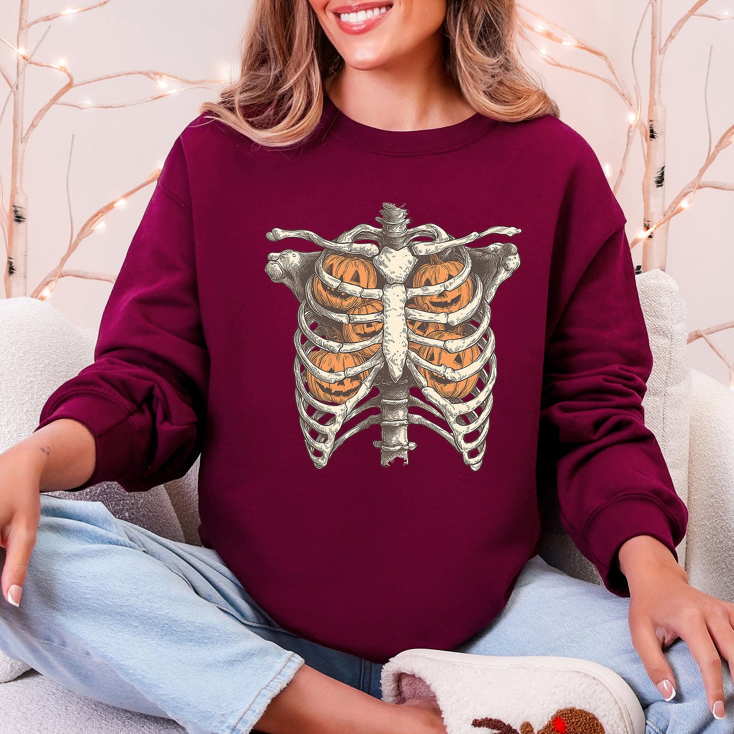 Halloween Skeleton, Pumpkins, Anatomy, Spooky Graphic Art Print For Halloween Season Sweatshirt
