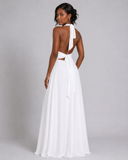 Halter Plunge V-Neck Maxi Dress – Elegant High Slit Backless Evening Gown