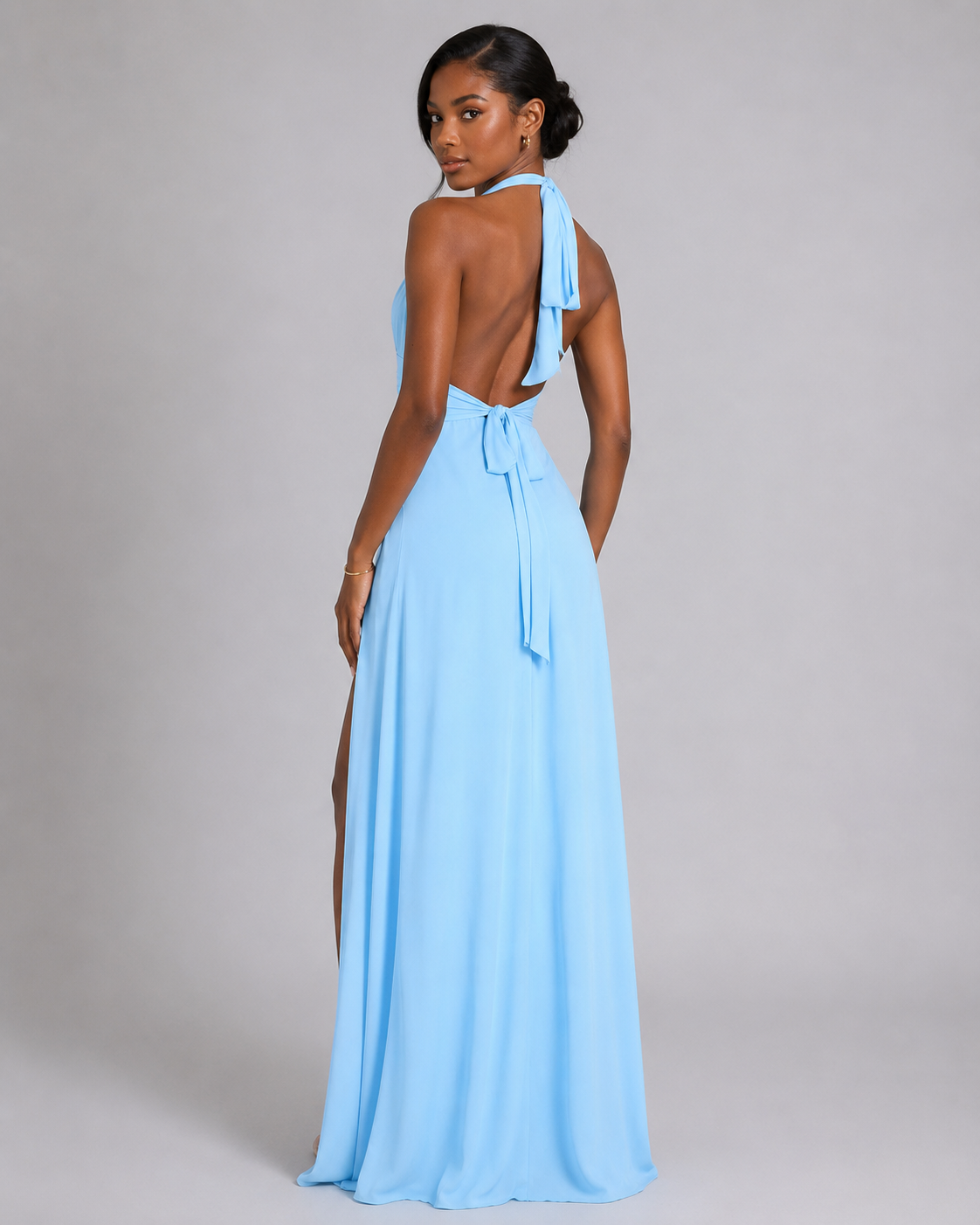 Halter Plunge V-Neck Maxi Dress – Elegant High Slit Backless Evening Gown
