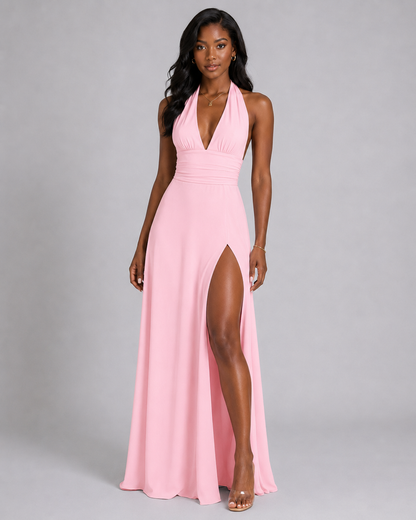 Halter Plunge V-Neck Maxi Dress – Elegant High Slit Backless Evening Gown