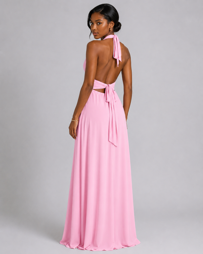 Halter Plunge V-Neck Maxi Dress – Elegant High Slit Backless Evening Gown