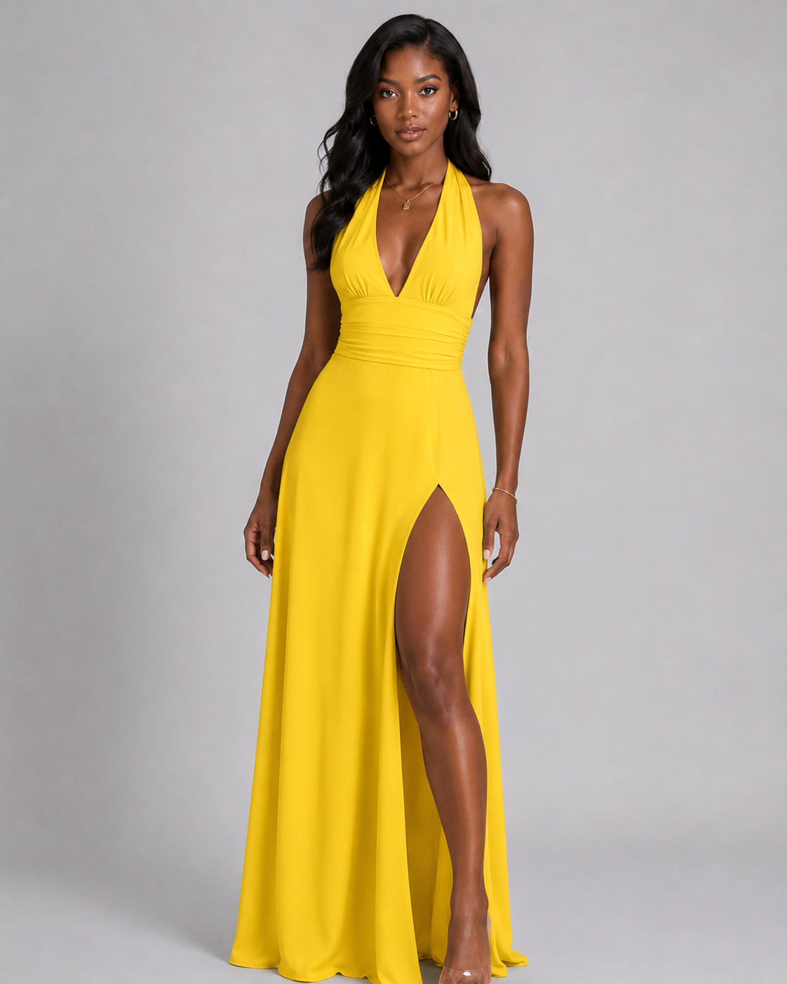 Halter Plunge V-Neck Maxi Dress – Elegant High Slit Backless Evening Gown