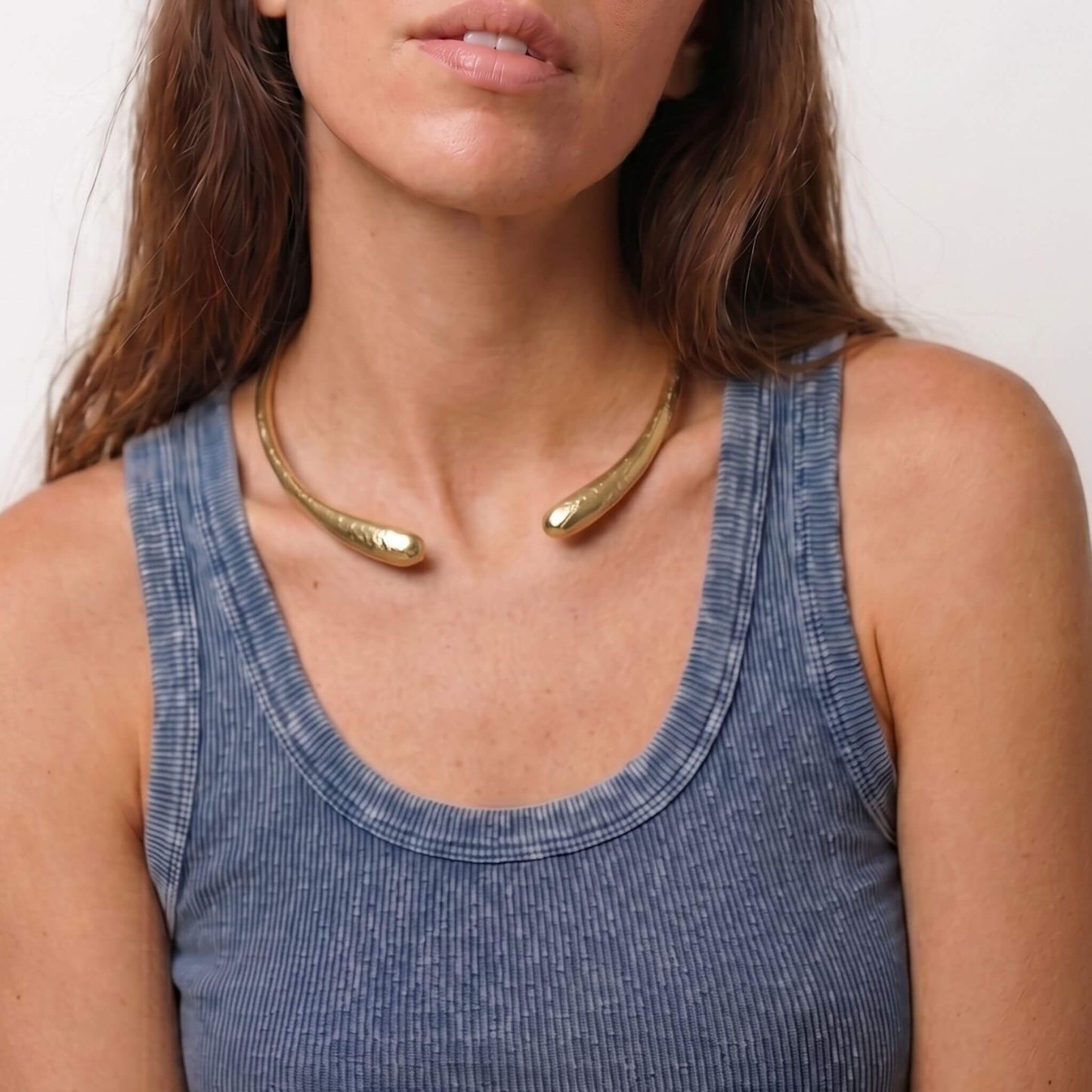 Hammered Brass Cuff Choker Teardrop Ends | Sana