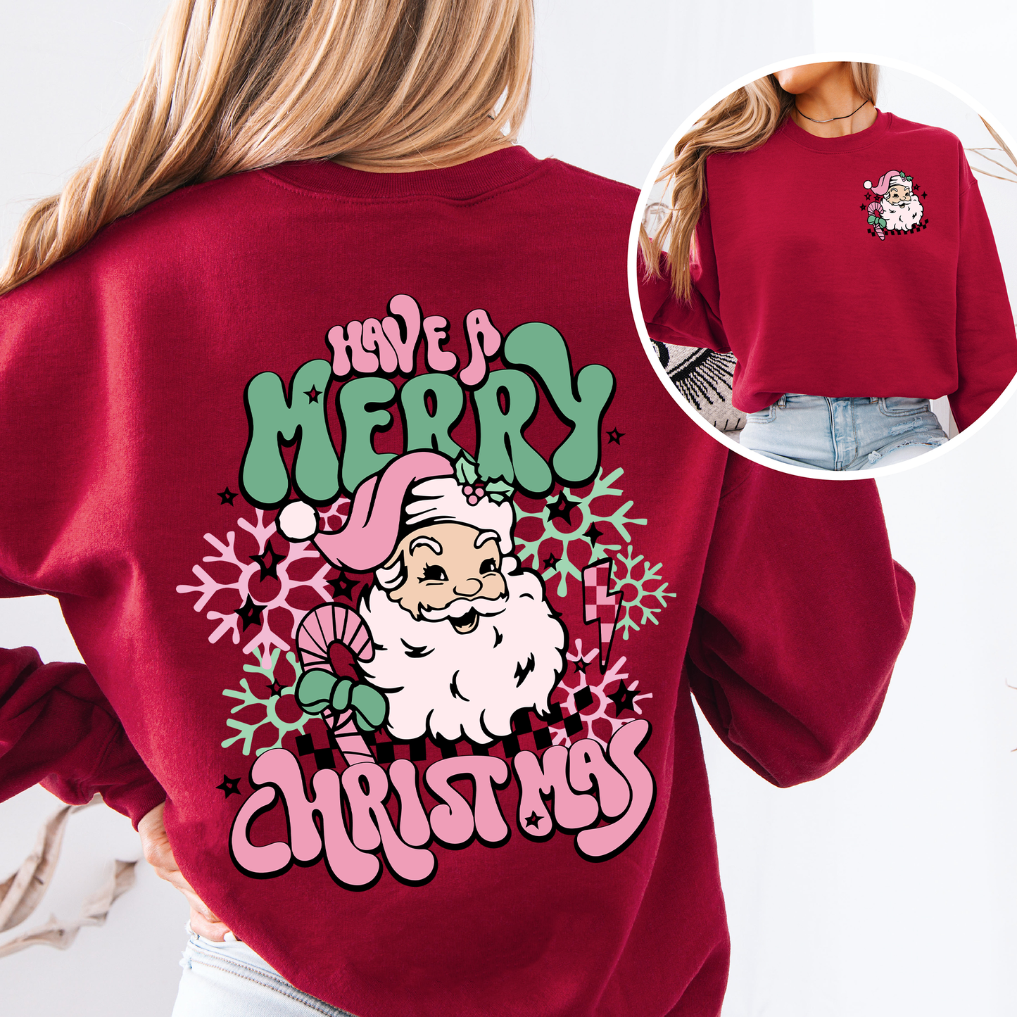 Have A Merry Christmas Retro Santa Front And Back Print Vintage Inspired Graphic Sweatshirt
