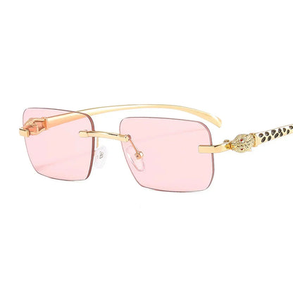 Vintage Fashion Rimless Small Square Sunglasses Women Men Luxury Brand Designer Travel Driving Metal Leopard Head Sun Glasses