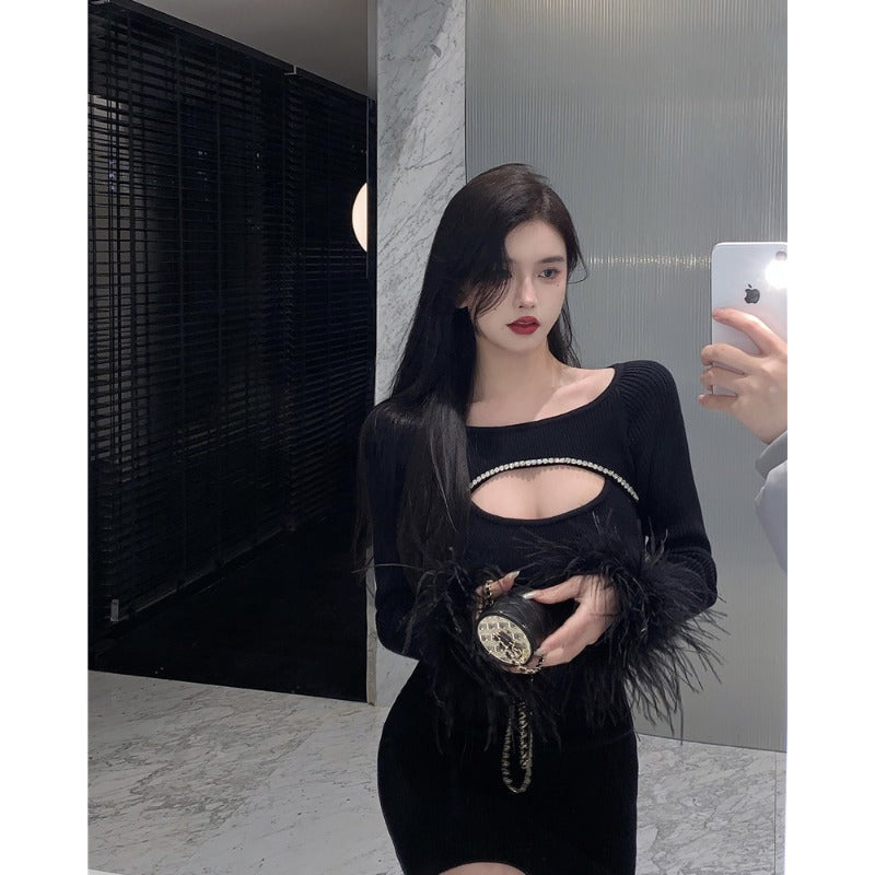 Black Party Dress With Ostrich Feather. You Will Look Stunning Women's