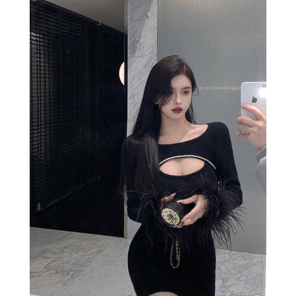 Black Party Dress With Ostrich Feather. You Will Look Stunning Women's