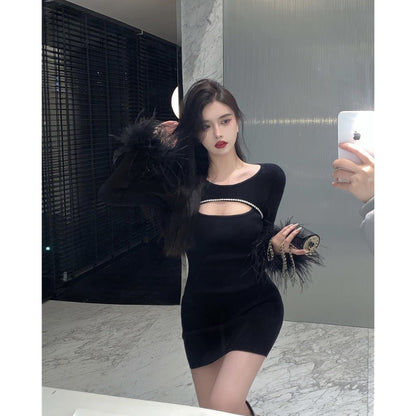 Black Party Dress With Ostrich Feather. You Will Look Stunning Women's
