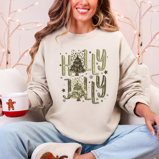 Holly Jolly Christmas Camouflage Tree Santa Dalmatian Ribbons And Bows Cozy Holiday Sweatshirt