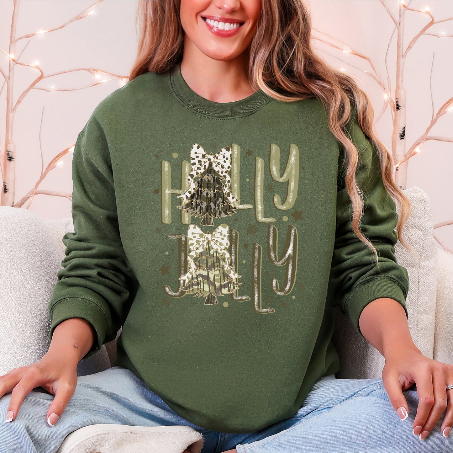 Holly Jolly Christmas Camouflage Tree Santa Dalmatian Ribbons And Bows Cozy Holiday Sweatshirt