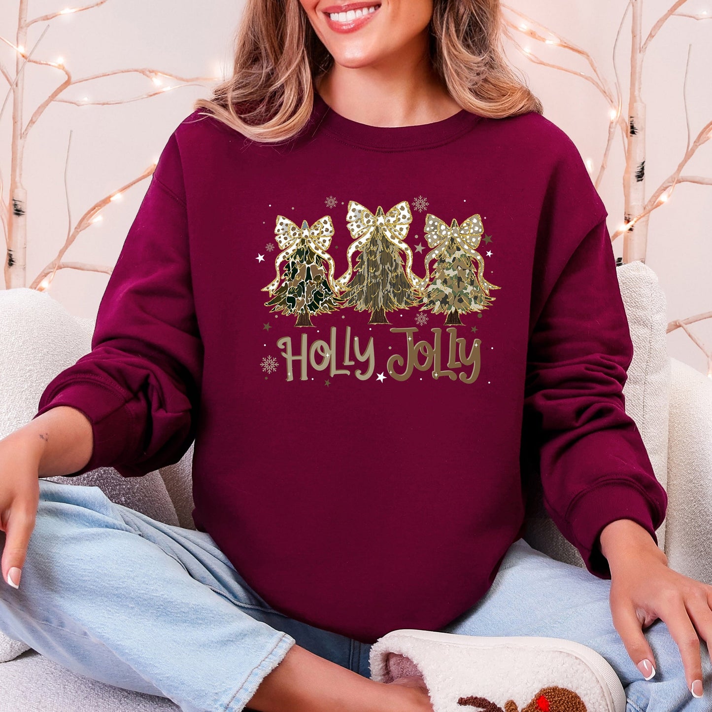 Holly Jolly Camo Christmas Tree Santa Ribbons Bows Cozy Christmas Cheer Sweatshirt