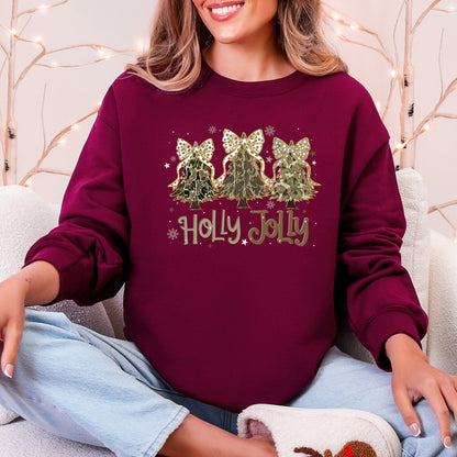 Holly Jolly Camo Christmas Tree Santa Ribbons Bows Cozy Christmas Cheer Sweatshirt