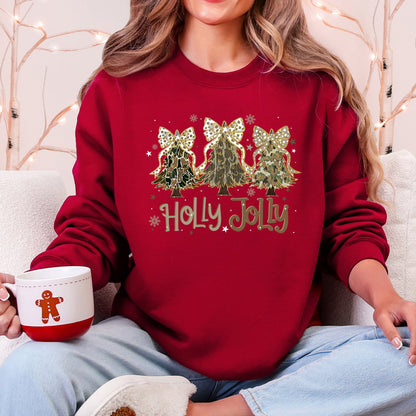 Holly Jolly Camo Christmas Tree Santa Ribbons Bows Cozy Christmas Cheer Sweatshirt