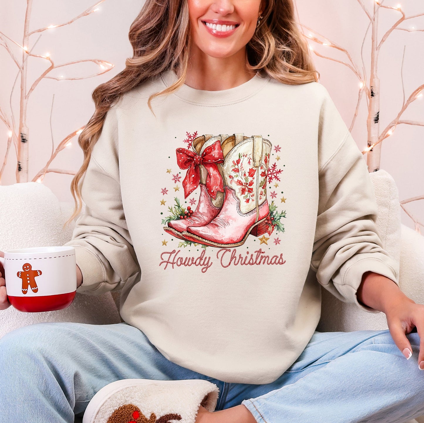 Howdy Christmas Cowboy Boots Santa Western Country Holiday Style Graphic Sweatshirt