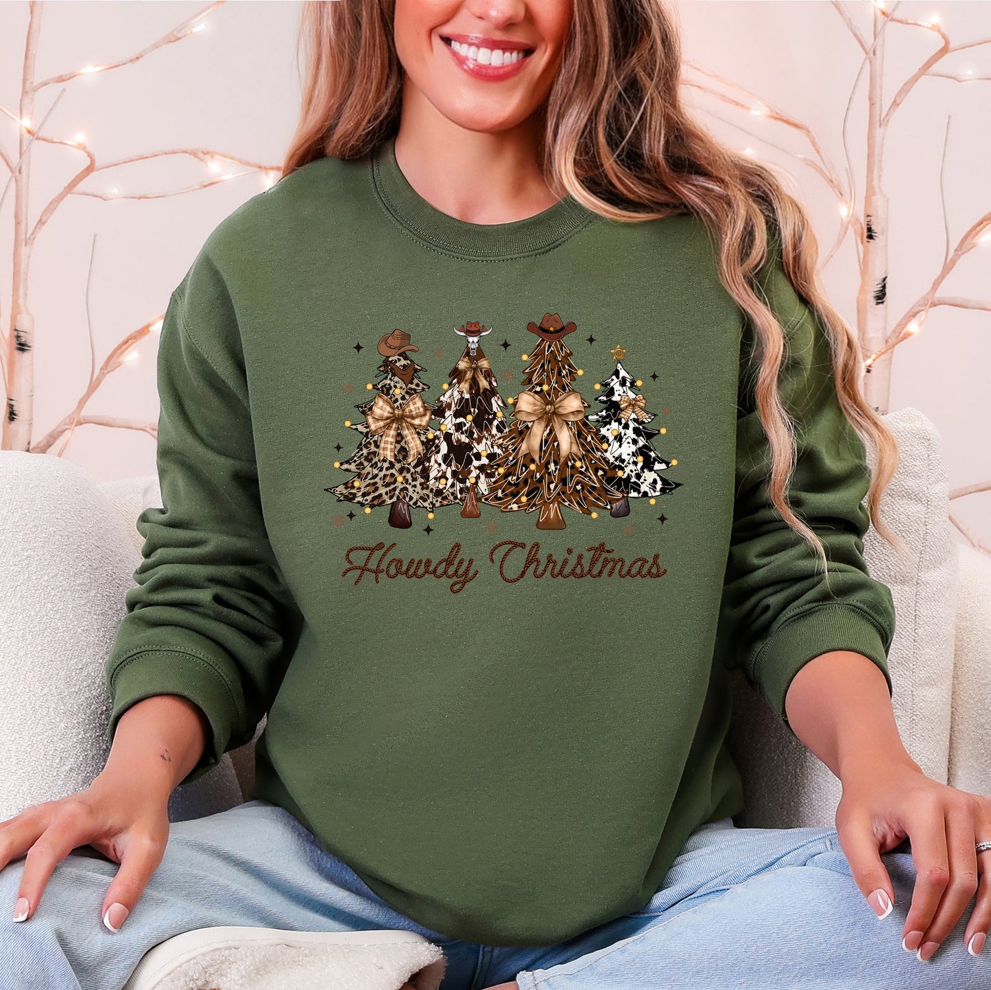 Howdy Christmas Western Santa Christmas Trees Holiday Western Theme Festive Cozy Sweatshirt
