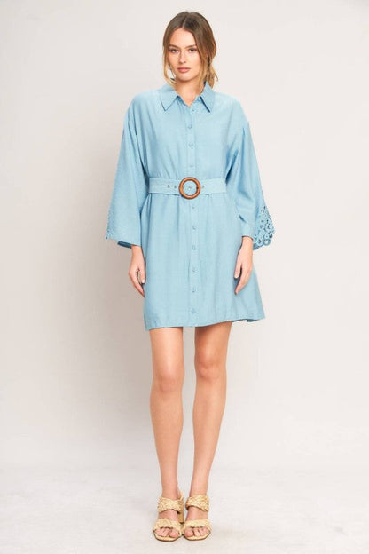 Soft Blue Belted Shirt Dress