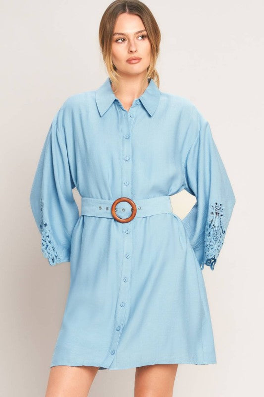 Soft Blue Belted Shirt Dress