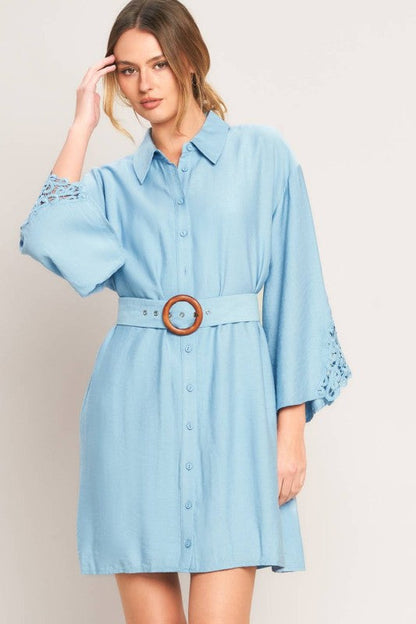 Soft Blue Belted Shirt Dress