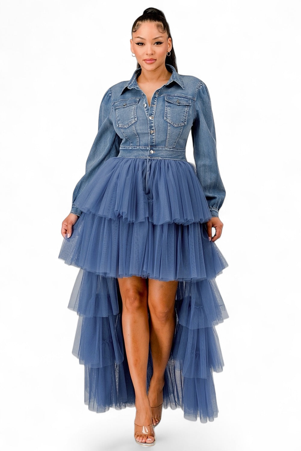 Denim Tulle Layered High-Low Dress