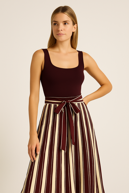 Vestido vino con falda larga de rayas beige y cinturón — Escote cuadrado sin mangas