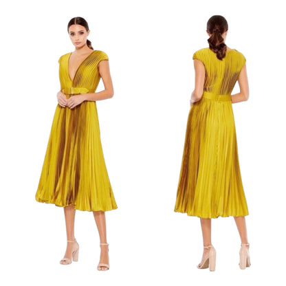 MAC DUGGAL Pleated Cap Sleeve Belted A-Line Dress
#26483 in Chartreuse