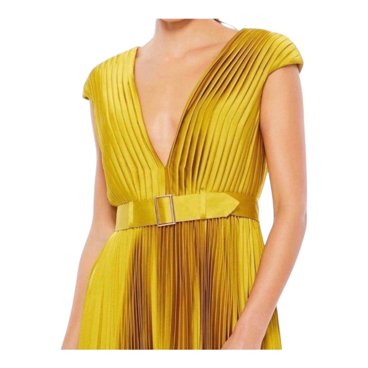 MAC DUGGAL Pleated Cap Sleeve Belted A-Line Dress
#26483 in Chartreuse