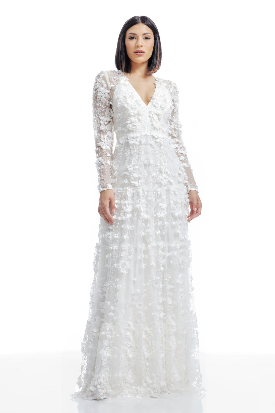 Dress the Population Angelina White 3D Floral Pearl Gown XS