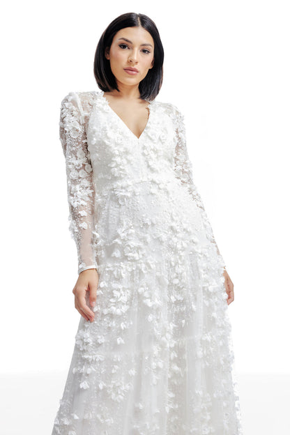 Dress the Population Angelina White 3D Floral Pearl Gown XS