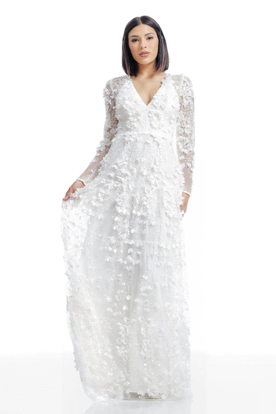 Dress the Population Angelina White 3D Floral Pearl Gown XS