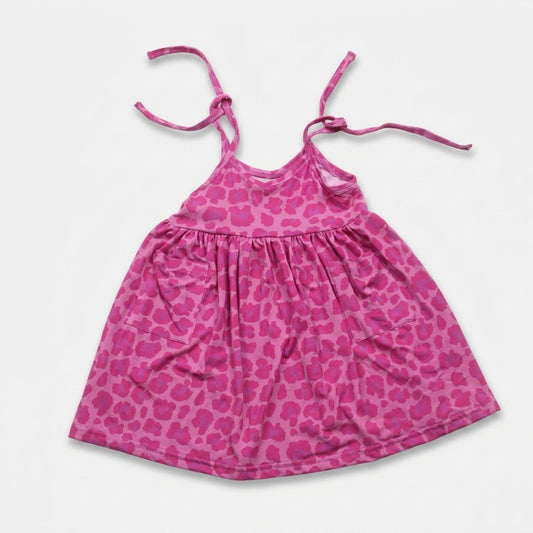 Pink leopard bamboo tie dress with pockets