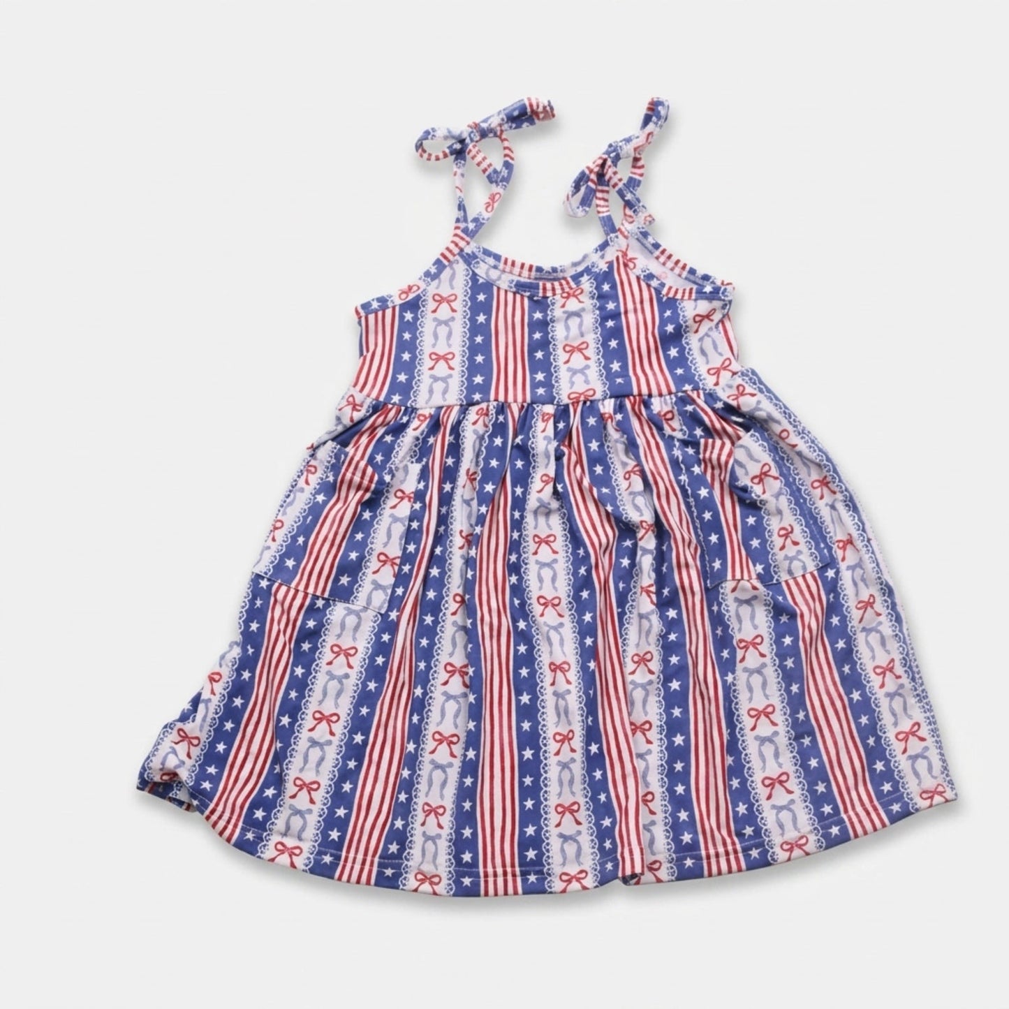 USA stripe bow bamboo tie dress with pockets
