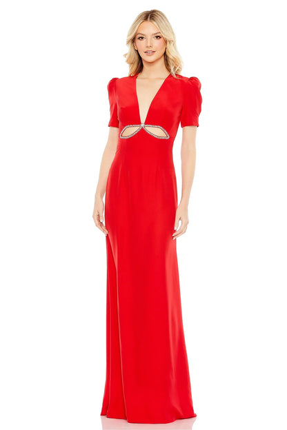 leena Mac Duggal Plunge Neck Puff Sleeve Cut Out Gown Red  2630 $458