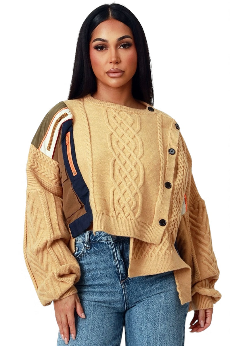 Asymmetric Patchwork Knit Button Sweater
