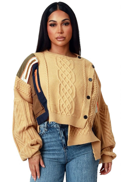 Asymmetric Patchwork Knit Button Sweater