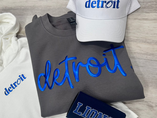 Detroit Script Puff Print - Metallic Blue Puff
