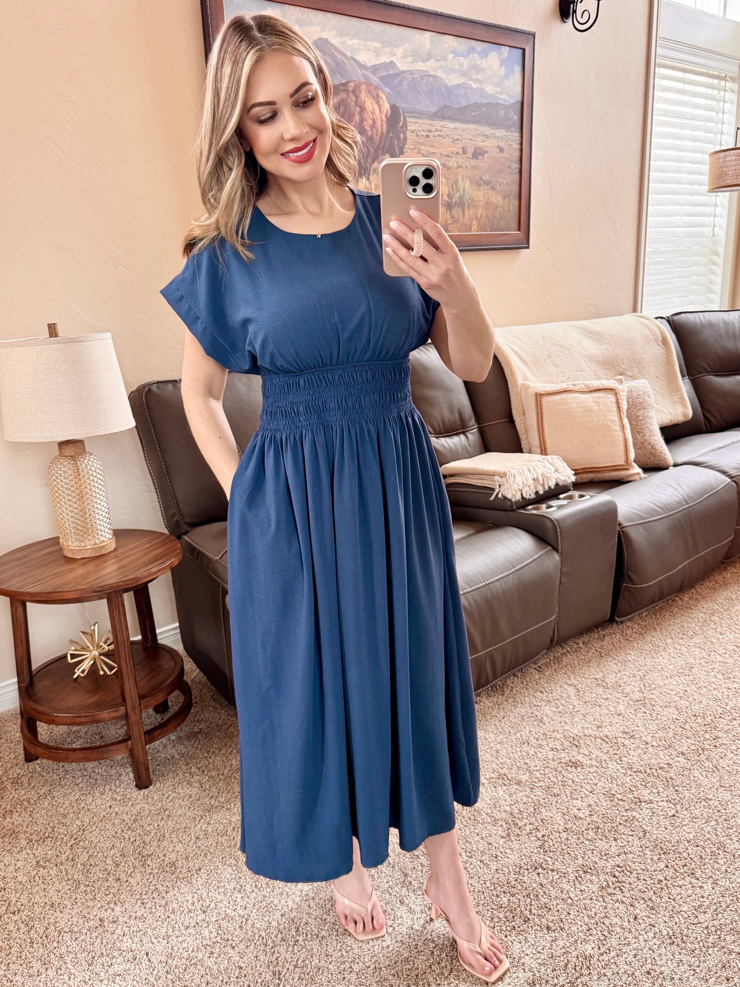 Deep Blue Short Sleeve Midi Dress