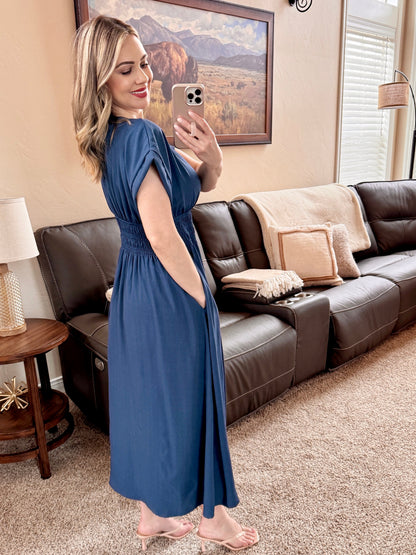 Deep Blue Short Sleeve Midi Dress